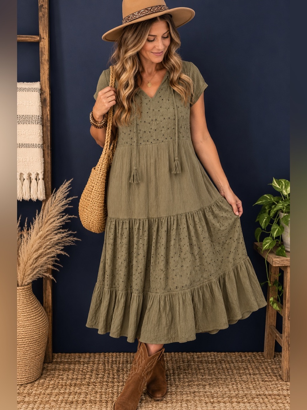 Kate & Sam Boho Eyelet Tiered Dress Olive Green Tassel Tie Small